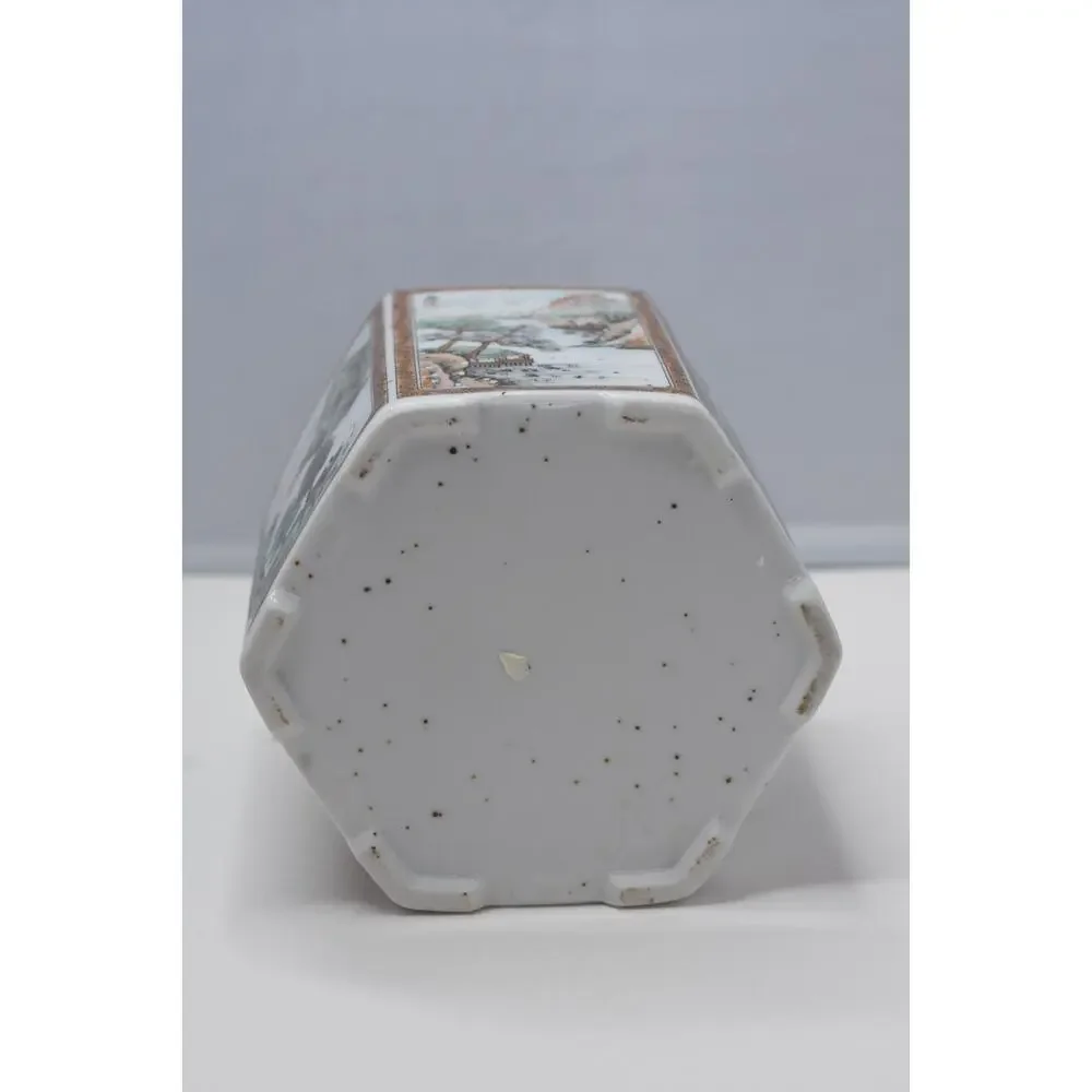 Japanese Enameled Porcaline Hand Painted Sansui Hexagon Nippon Vase